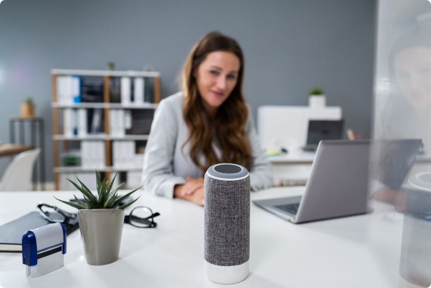Smart speaker on desk, with woman looking at laptop in background